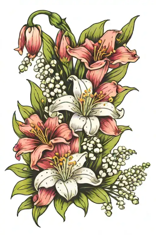 lily of the valley, gladioli and dandelion flower tattoo design idea