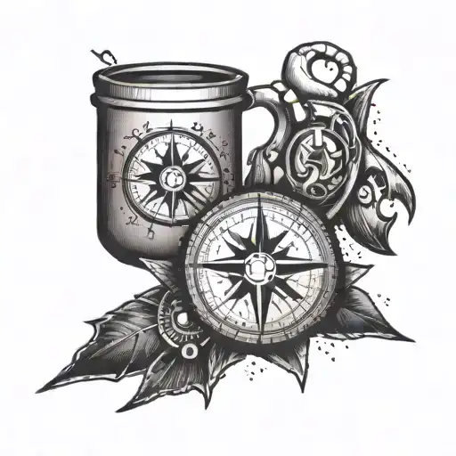 A pixelated gaming controller morphing into a compass rose, with a coffee cup and a scorpion hidden within the design tattoo design idea