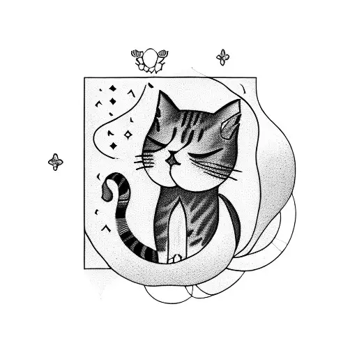 A serene blackwork tattoo of a peaceful cat resting under a tree in a park tattoo design idea