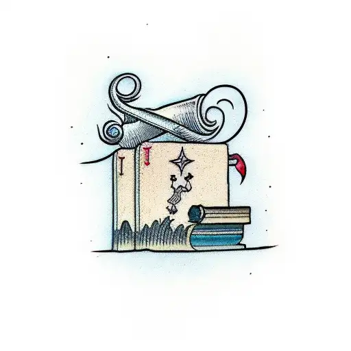 A stack of books with a quill pen and inkwell tattoo design idea