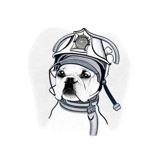 A new-school illustration of your dog wearing a firefighter helmet, exploring the outdoors tattoo design idea