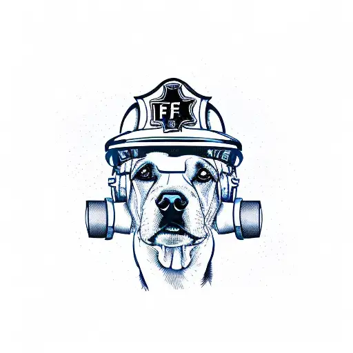 A new-school illustration of your dog wearing a firefighter helmet, exploring the outdoors tattoo design idea