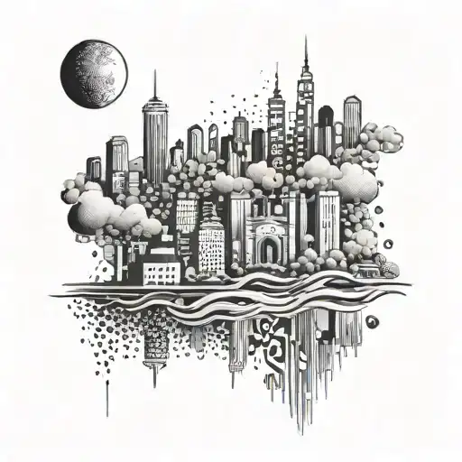 A skyline of a favorite city with hidden musical elements in dotwork style tattoo design idea
