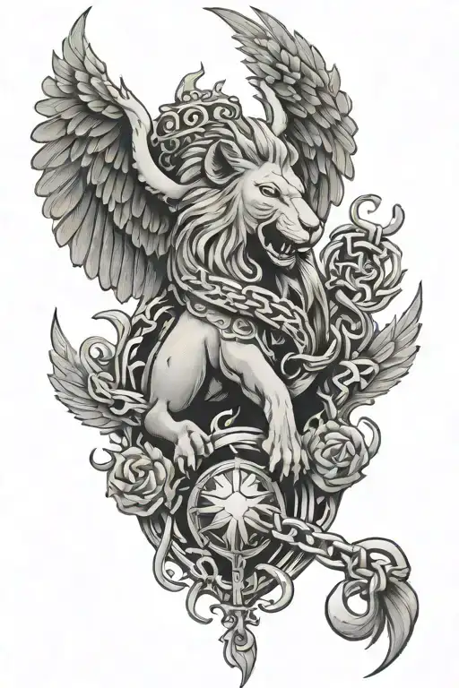 pheonix, dagger, chains, lion, elephant tattoo design idea