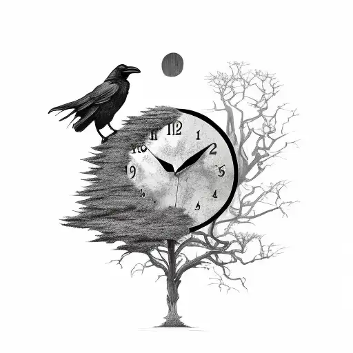 raven, clock and tree without leaves tattoo design idea