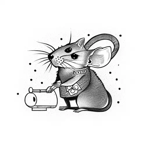 A dotwork tattoo of a fashionably dressed rat sewing a cat-themed outfit tattoo design idea