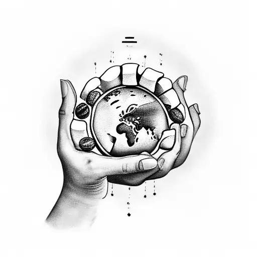 A mother's hand holding a coffee bean with a trail of coffee beans turning into a world map tattoo design idea