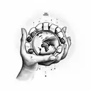 A mother's hand holding a coffee bean with a trail of coffee beans turning into a world map tattoo design idea