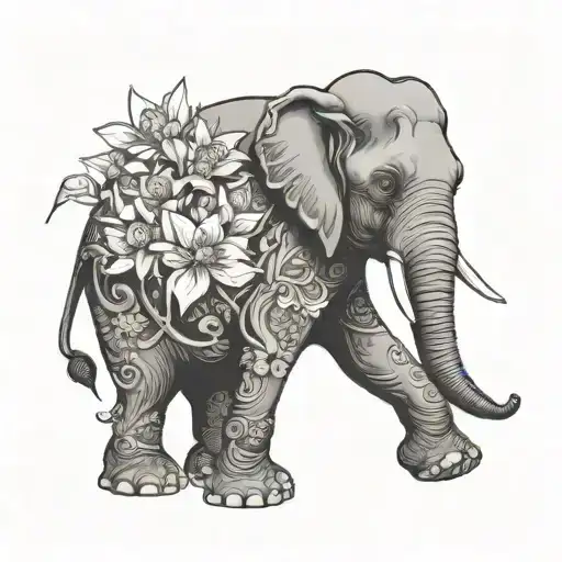 elephant standing on 6 lotus flowers blooming tattoo design idea