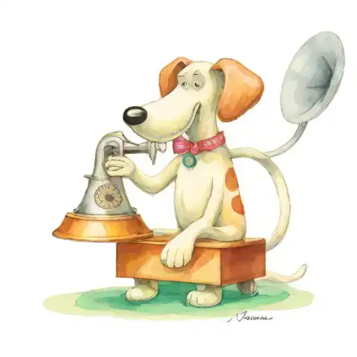 gromit listening to gramophone like his masters voice picture, with music notes coming from the gramophone tattoo design idea