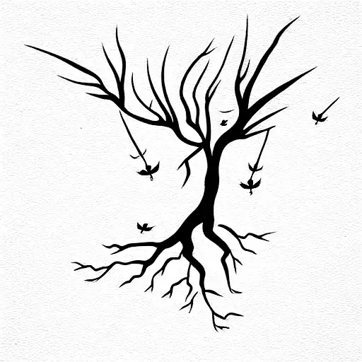 a tree that is dead on one side and has the roots intertwined with bats flying out of the dead leaves tattoo design idea