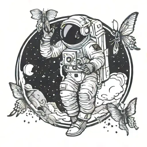 astronaut with moon moth tattoo design idea