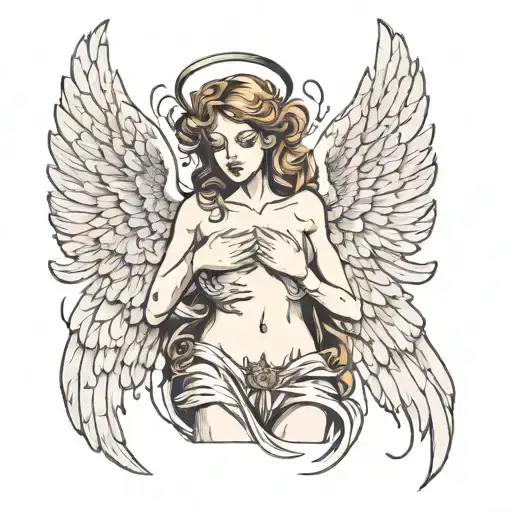angel wings with open hands on stomach and pelvic area  tattoo design idea