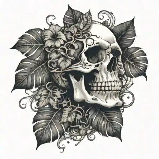 skull with vines and monstera leaves growing out of it tattoo design idea