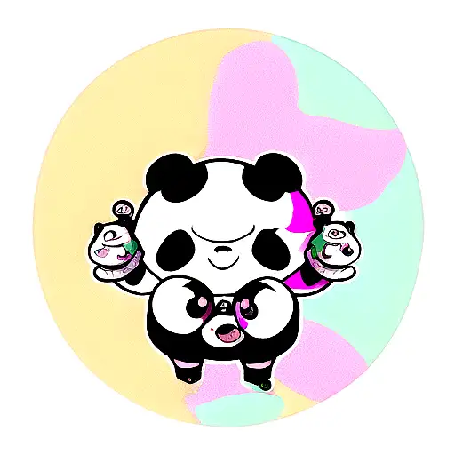 A tattoo design of a panda dressed as a rapper, surrounded by anime characters and colorful pink graffiti tattoo design idea