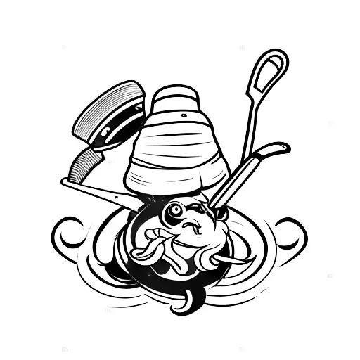 A whimsical tattoo of a bumble bee wearing a chef's hat, holding a rolling pin, and surrounded by baking utensils tattoo design idea