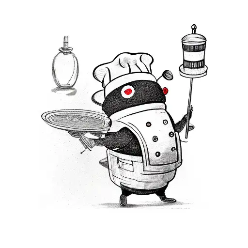 A whimsical tattoo of a bumble bee wearing a chef's hat, holding a rolling pin, and surrounded by baking utensils tattoo design idea