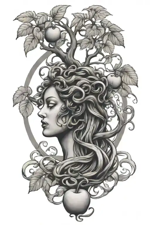 Medusa standing next to an apple tree tattoo design idea