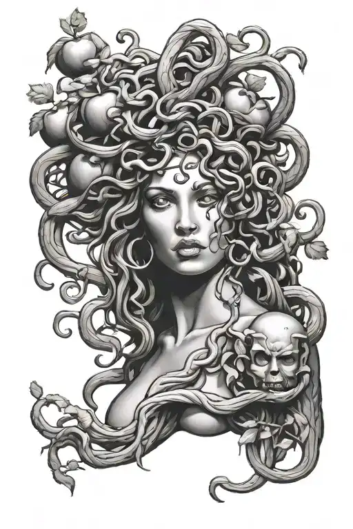 Medusa full body  standing next to an apple tree tattoo design idea
