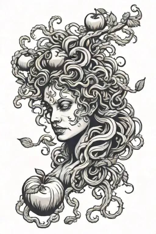 medusa picking an apple off of a tree  tattoo design idea