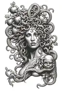 Medusa full body  standing next to an apple tree tattoo design idea