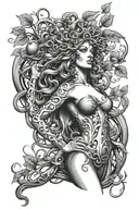 Medusa full body  standing next to an apple tree tattoo design idea