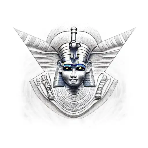A pharaoh's sarcophagus adorned with hieroglyphics, placed against a backdrop of pyramids tattoo design idea