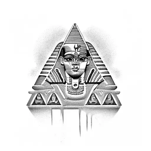 A pharaoh's sarcophagus adorned with hieroglyphics, placed against a backdrop of pyramids tattoo design idea