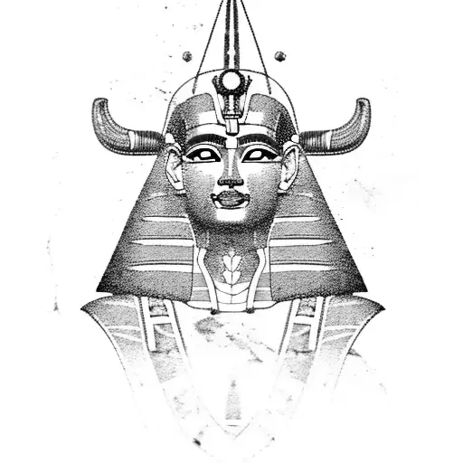 A pharaoh's sarcophagus adorned with hieroglyphics, placed against a backdrop of pyramids tattoo design idea
