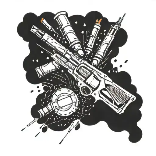 Clay pigeon exploding into pieces with shotgun shells scattered around tattoo design idea