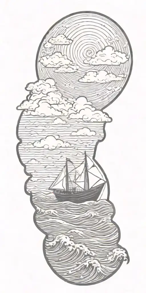 Storm clouds raining and crashing waves with a paper boat in the background  tattoo design idea