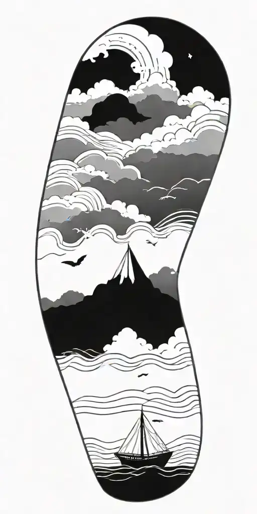 Storm clouds raining and crashing waves with a paper boat in the background  tattoo design idea