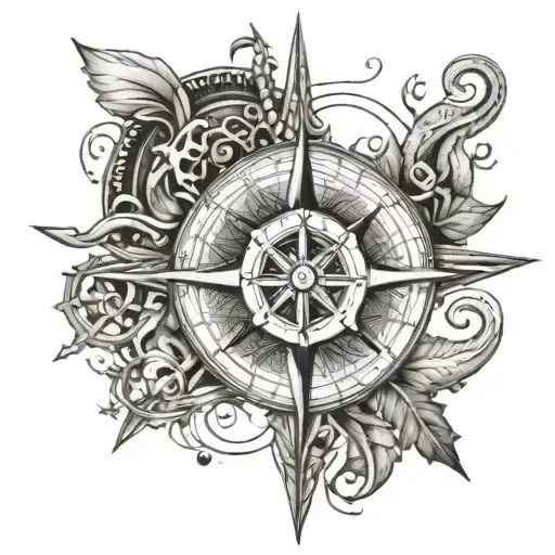 A dotwork tattoo of a compass rose surrounded by nautical elements like anchors, ropes, and waves, symbolizing a love for sailing and exploration tattoo design idea