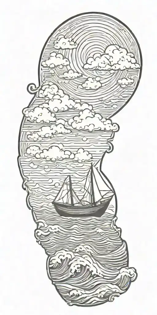Storm clouds raining and crashing waves with a paper boat in the background  tattoo design idea
