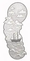Storm clouds raining and crashing waves with a paper boat in the background  tattoo design idea