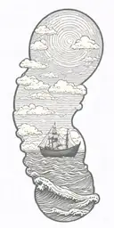 Storm clouds raining and crashing waves with a paper boat in the background  tattoo design idea