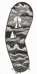 Storm clouds raining and crashing waves with a paper boat in the background  tattoo design idea
