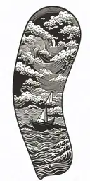 Storm clouds raining and crashing waves with a paper boat in the background  tattoo design idea