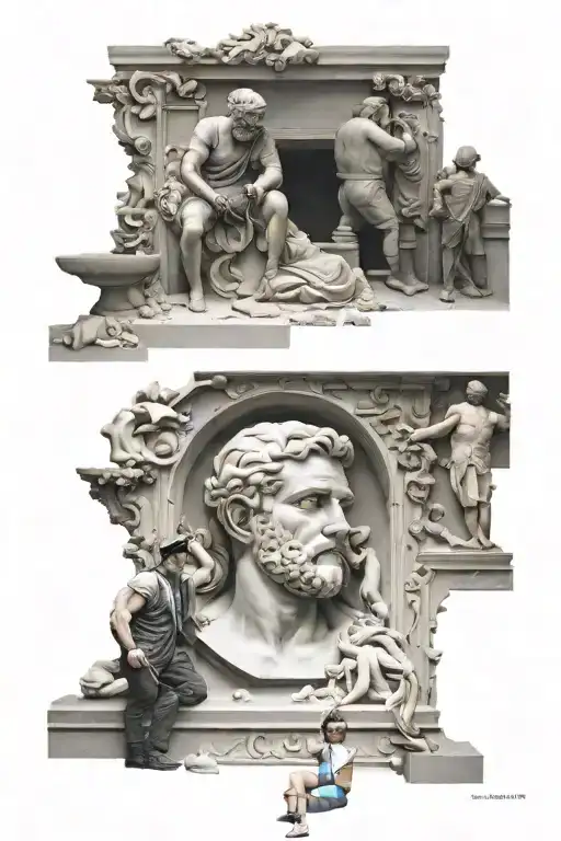 Large block of marble being carved into David, halfway done with a team of workmen busily working on its completion tattoo design idea