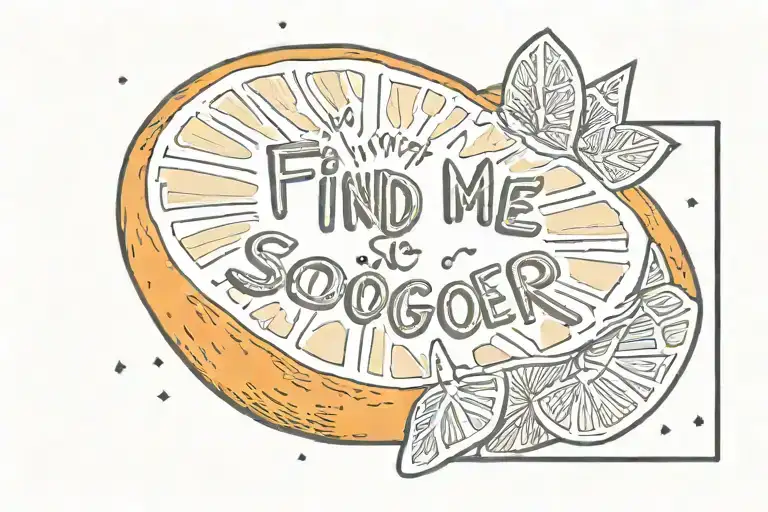 Half orange slice with "find me sooner" lettering  tattoo design idea