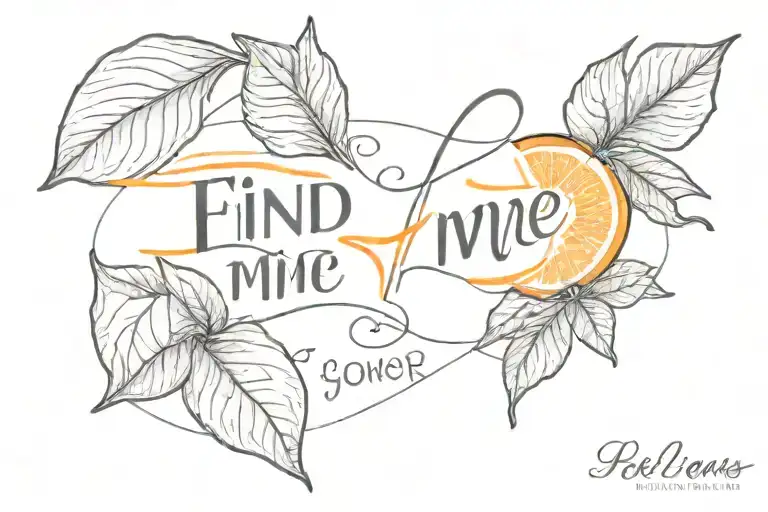 2 leaves and half-orange slice with "find me sooner" cursive lettering connected to outline of rind tattoo design idea