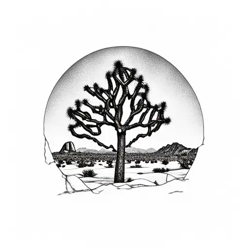 joshua tree and skull rock with mountain background tattoo design idea