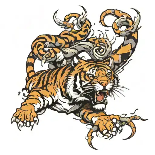 tiger fights with snake and lightning tattoo design idea