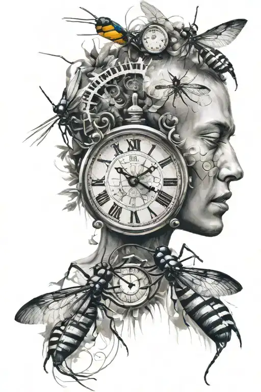 the face blurs in the clock and a mosquito walks with words tattoo design idea