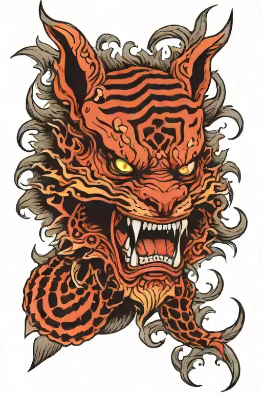 Wolf tiger eagle oni mask cut demon tattoo design idea
