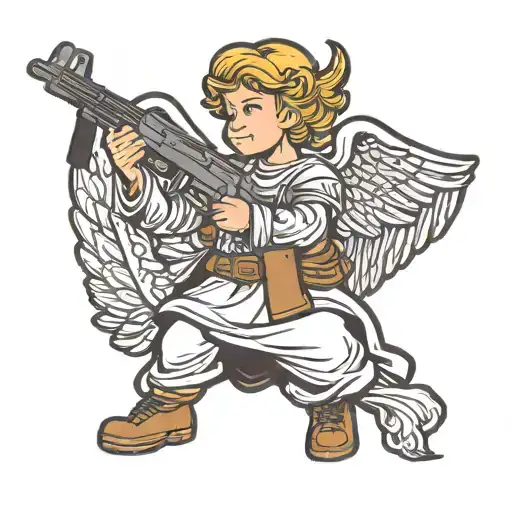minimalism Christian angel with ak 47 rifle in hands tattoo design idea