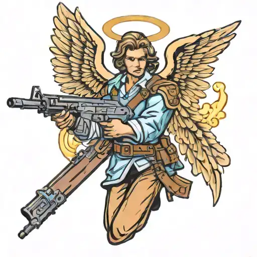 Christian angel with ak 47 rifle in hands tattoo design idea