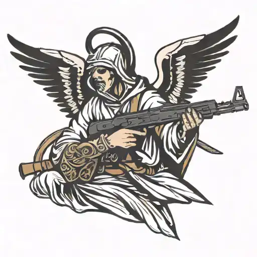 minimalism Christian angel with ak 47 rifle in hands tattoo design idea