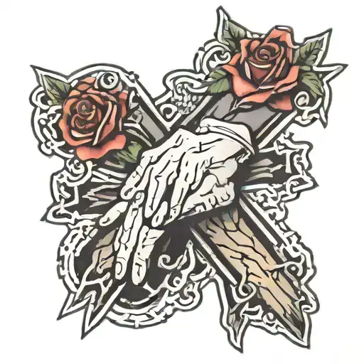 Jesus hands pray hands with cross and rose  tattoo design idea