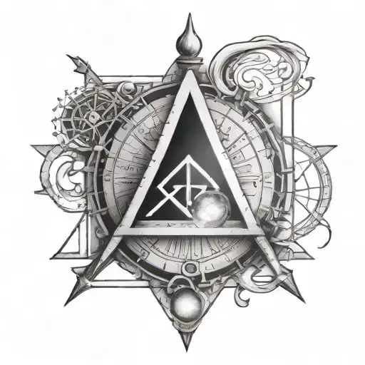 square and compass with the 7 hermetic principles inside the golden ratio tattoo design idea